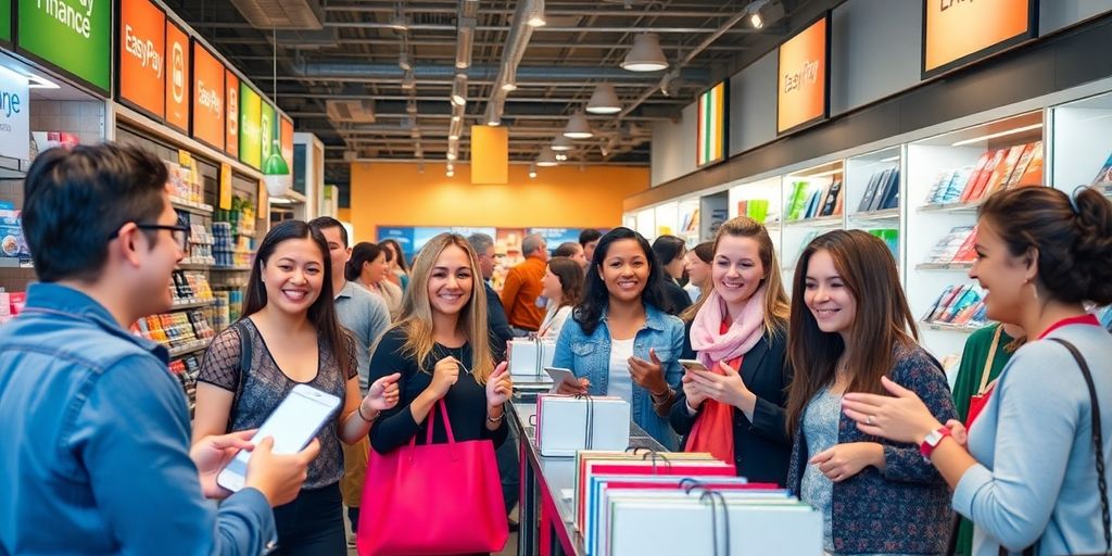 Busy store with customers using EasyPay Finance options.