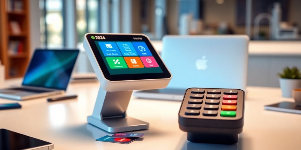 Modern payment terminal in a bright workspace setting.