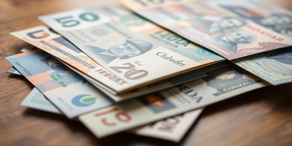 Various international currency notes on a wooden surface.