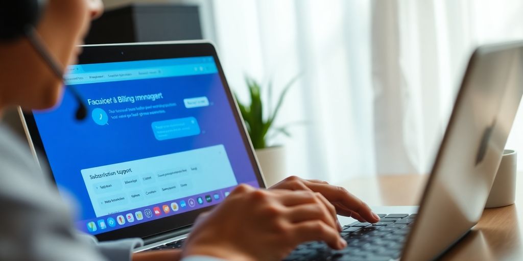Person on laptop engaged in subscription support chat.