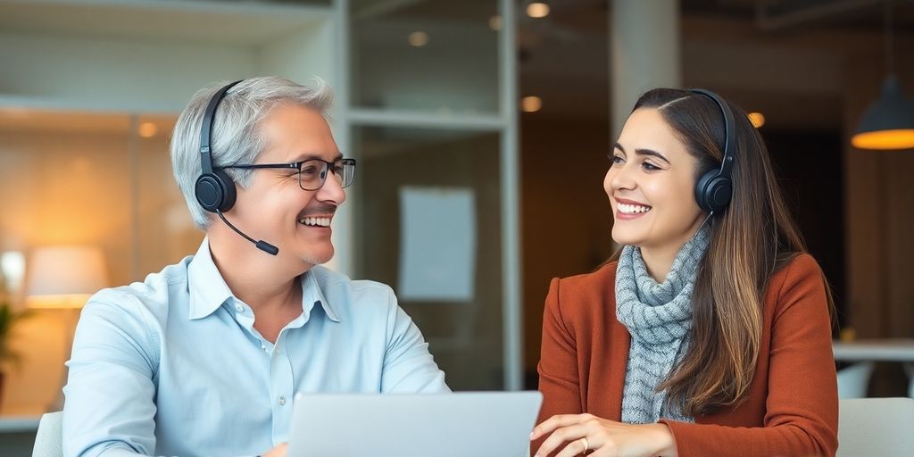 Customer support representative helping a client in an office.