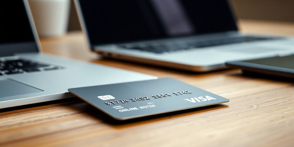 Credit card and laptop on a wooden table where you can see the terms subscription billing