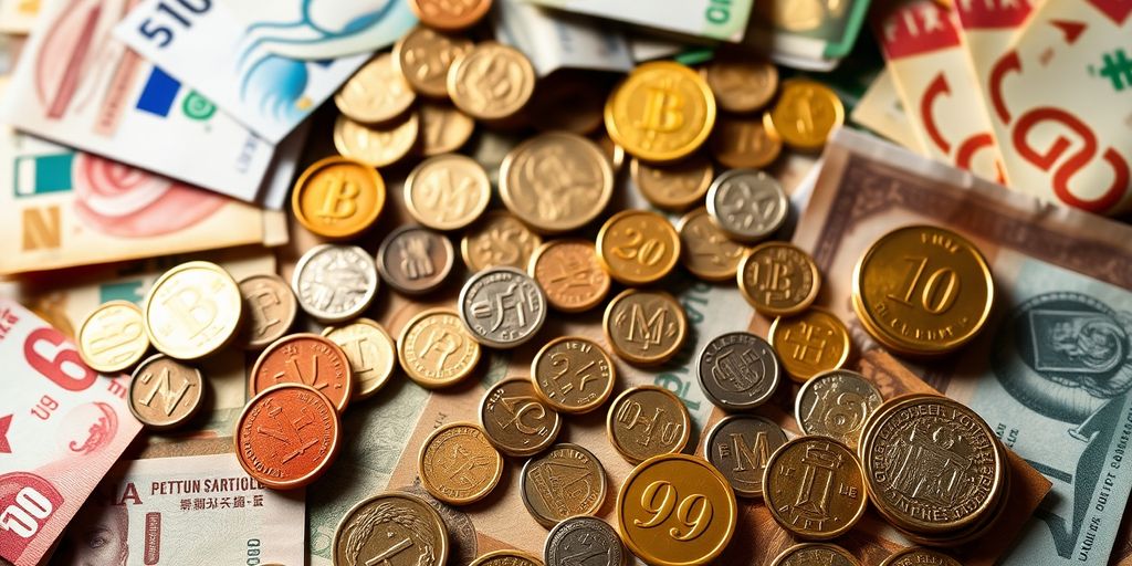 Collection of diverse currency notes and coins.