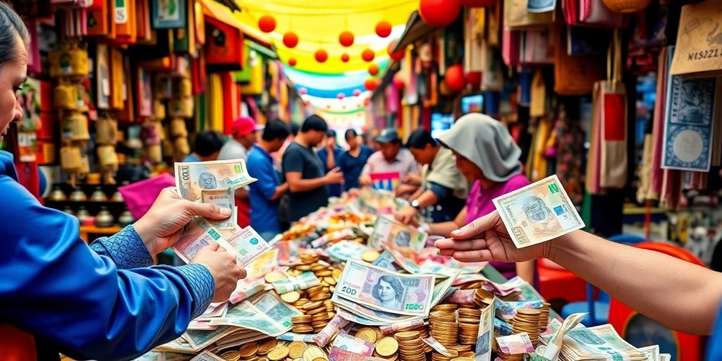 People exchanging various currencies in a bustling market.
