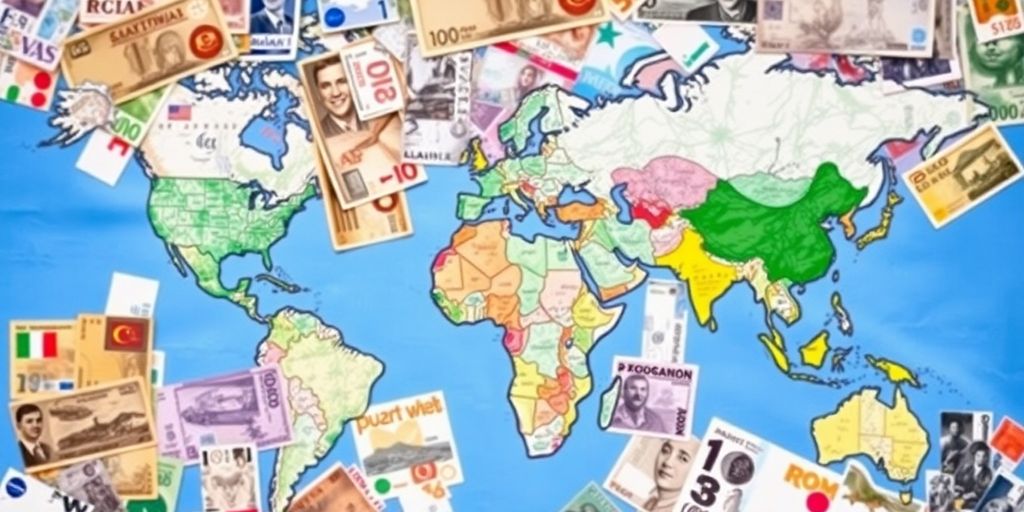 Colorful currency notes on a world map.