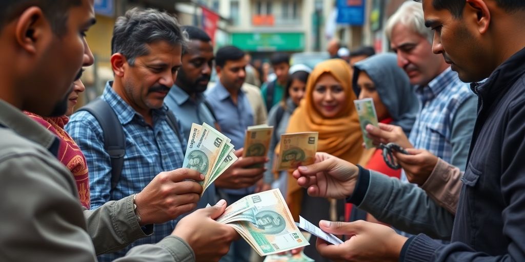 People exchanging different currency notes in a marketplace.
