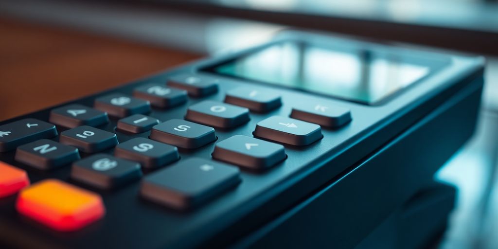 Close-up of a secure payment terminal.