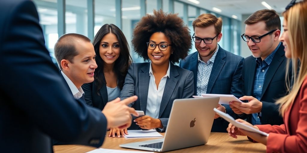 Group of professionals discussing data protection in an office.