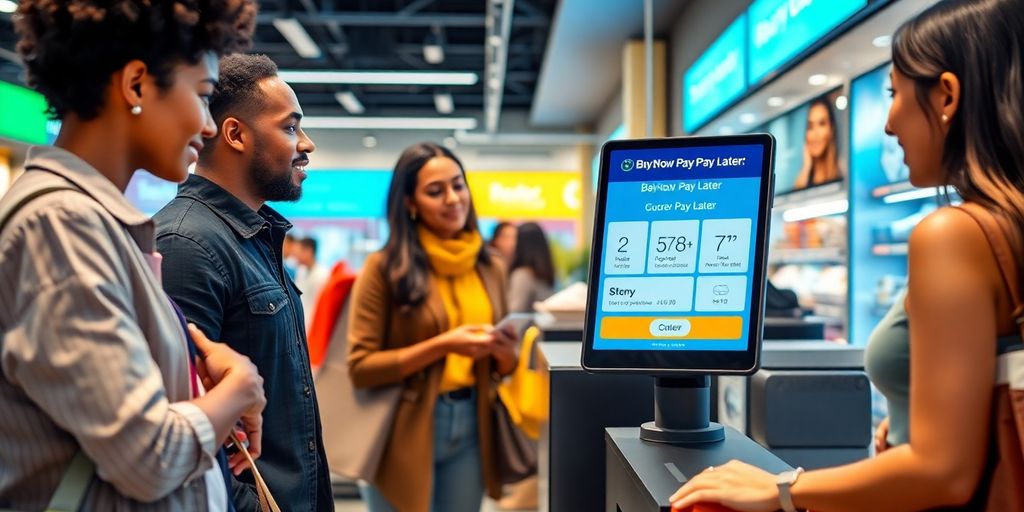 Diverse shoppers using digital payment at checkout.