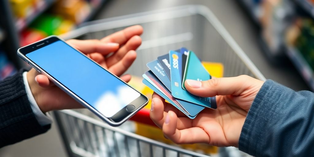 Hands holding digital wallets and credit cards.