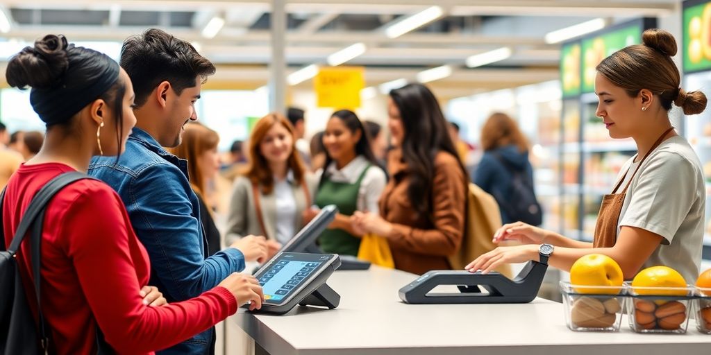 Checkout counter with diverse customers using BNPL options.