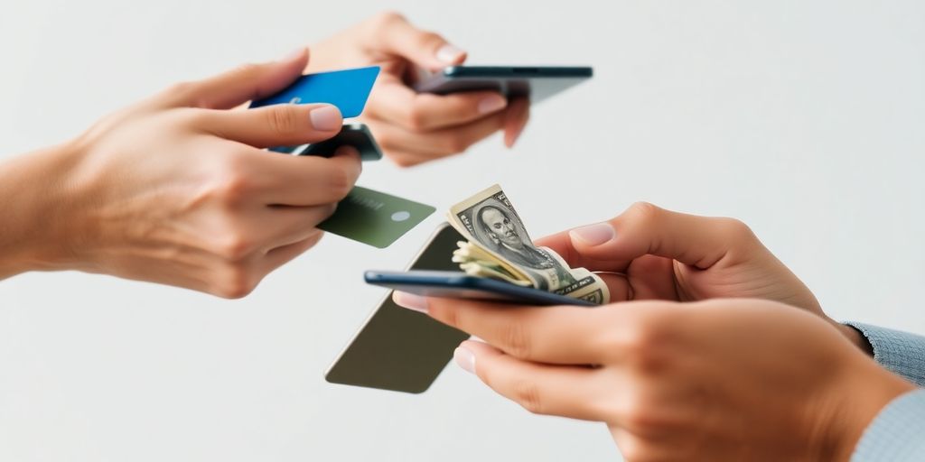 Hands exchanging various alternative payment methods.