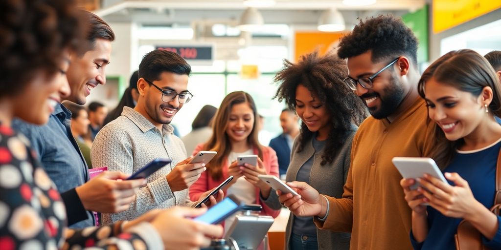 Group using devices for alternative payment options.