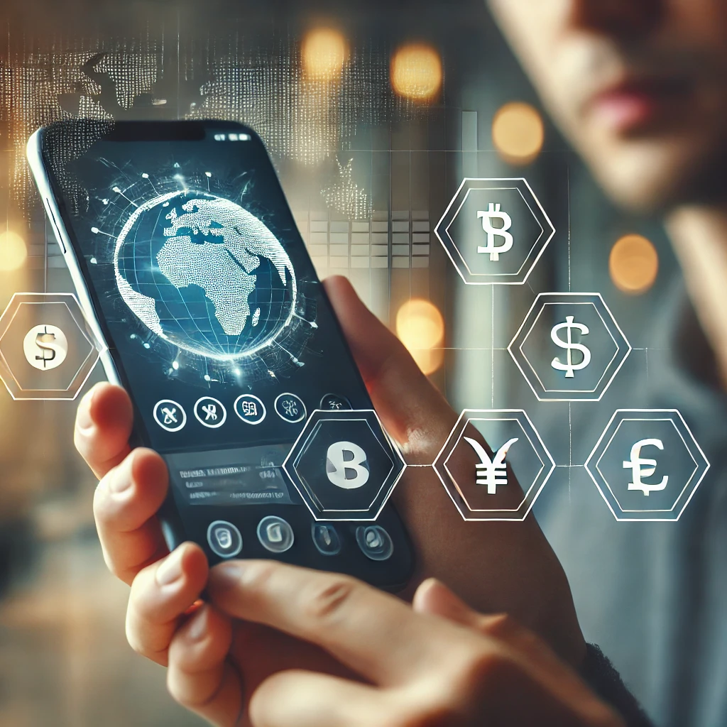 a smartphone displaying a 'Global Payment Systems' application interface with icons for multiple currencies, cryptocurrencies, and international payment methods, set against a blurred urban background.