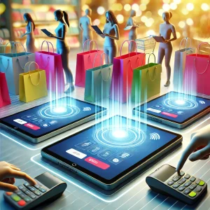 Digital checkout interfaces displayed on tablets surrounded by colorful shopping bags in a vibrant retail setting, illuminated by soft ambient lighting, representing seamless and adaptive checkout processes.