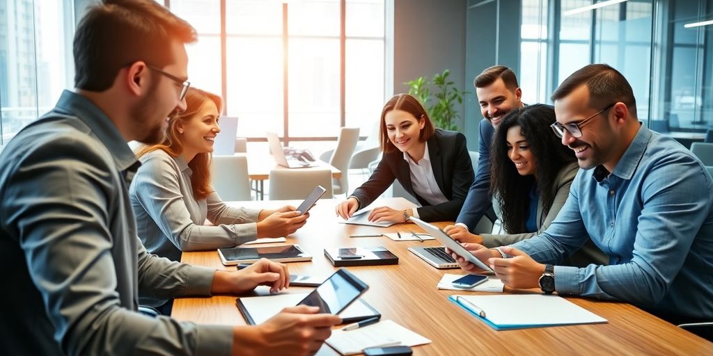 Business professionals discussing payment analytics in a modern office.