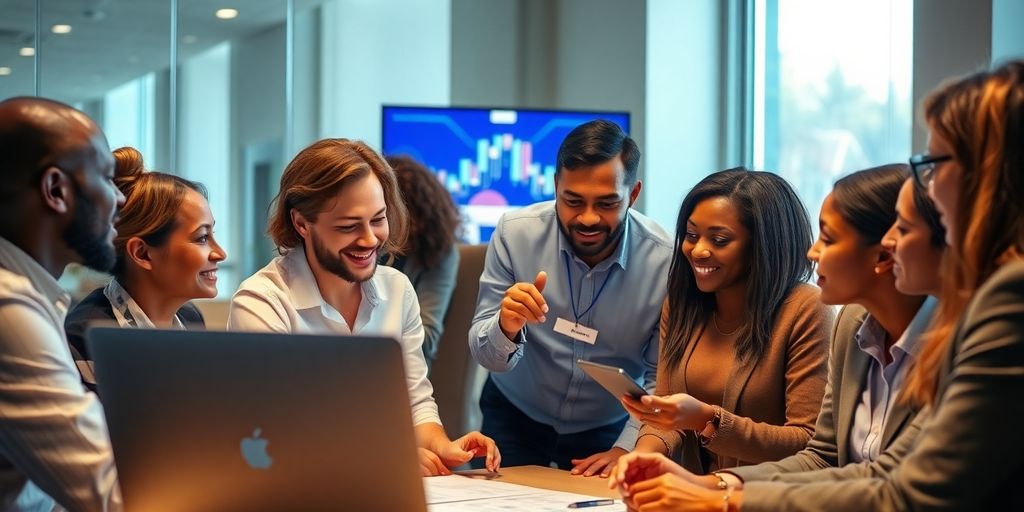 Group discussing payment strategies in a modern office.