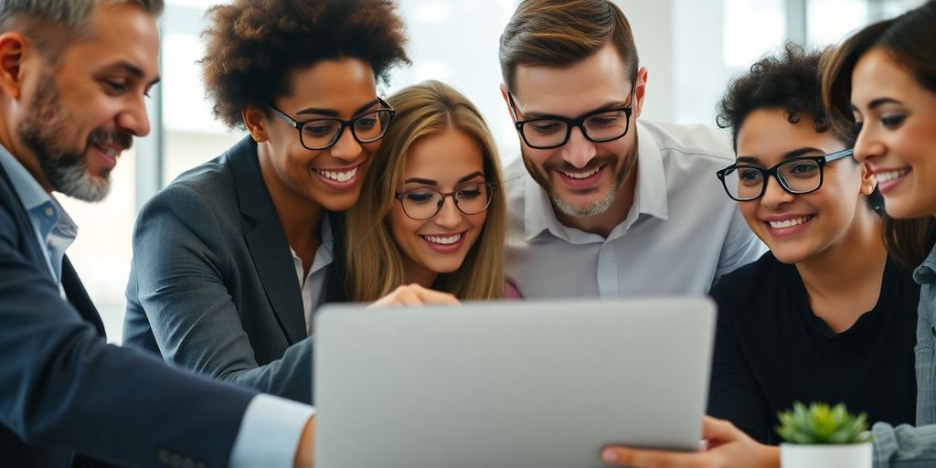 Professionals collaborating over data analysis in a modern office.