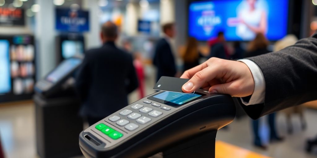 Modern payment terminal with contactless payment in use.