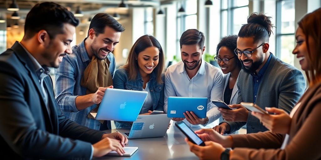 Diverse team collaborating on payment technology solutions.