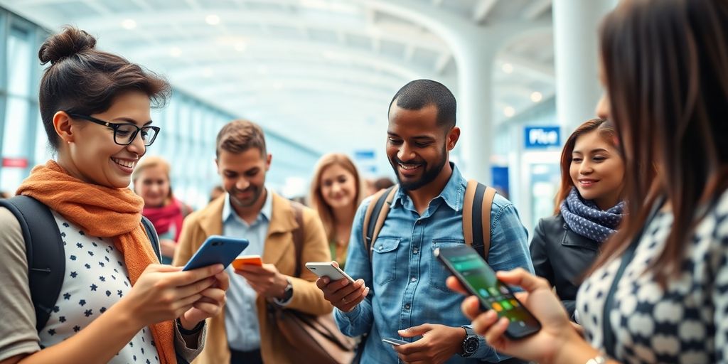 Travelers using mobile payments at an airport.
