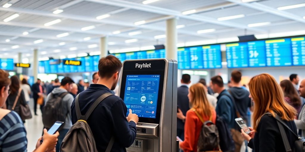 Travelers using modern payment solutions at an airport.