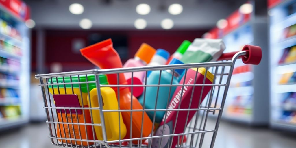 Shopping cart filled with products at a checkout.