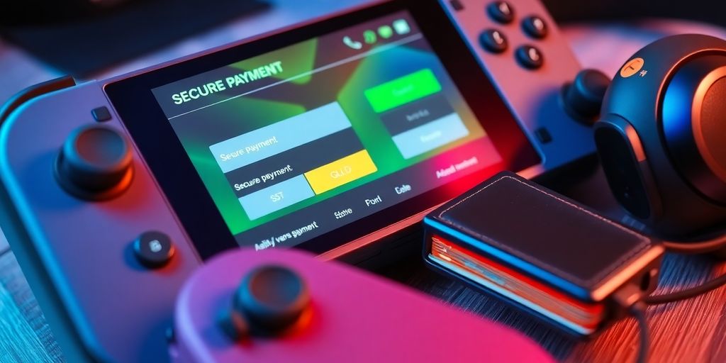 Gaming console with a secure payment interface displayed.