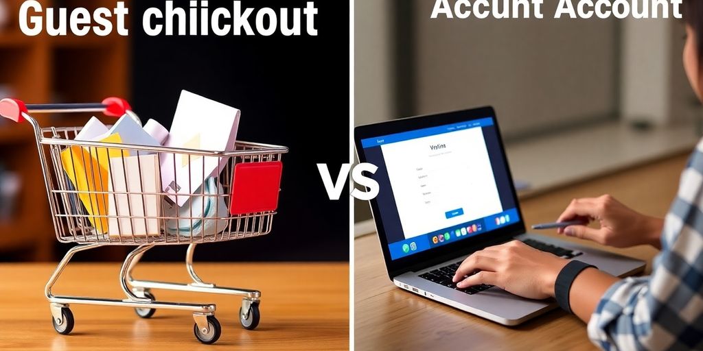 Shopping cart and laptop represent checkout options.