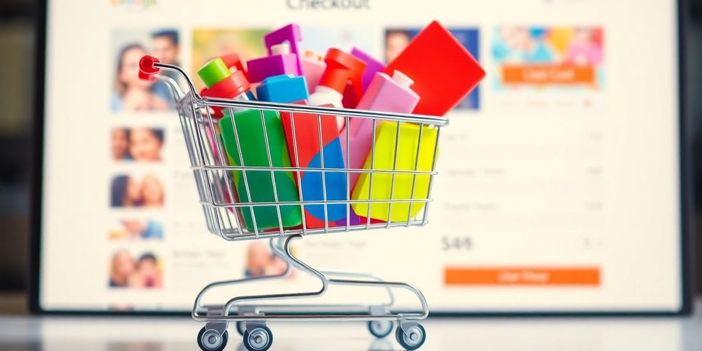 Shopping cart filled with items, emphasizing account benefits.