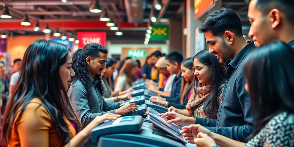 Diverse individuals engaging in energetic payment transactions.