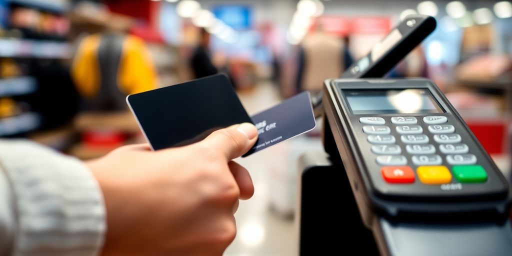 Hand holding a credit card by a payment terminal.