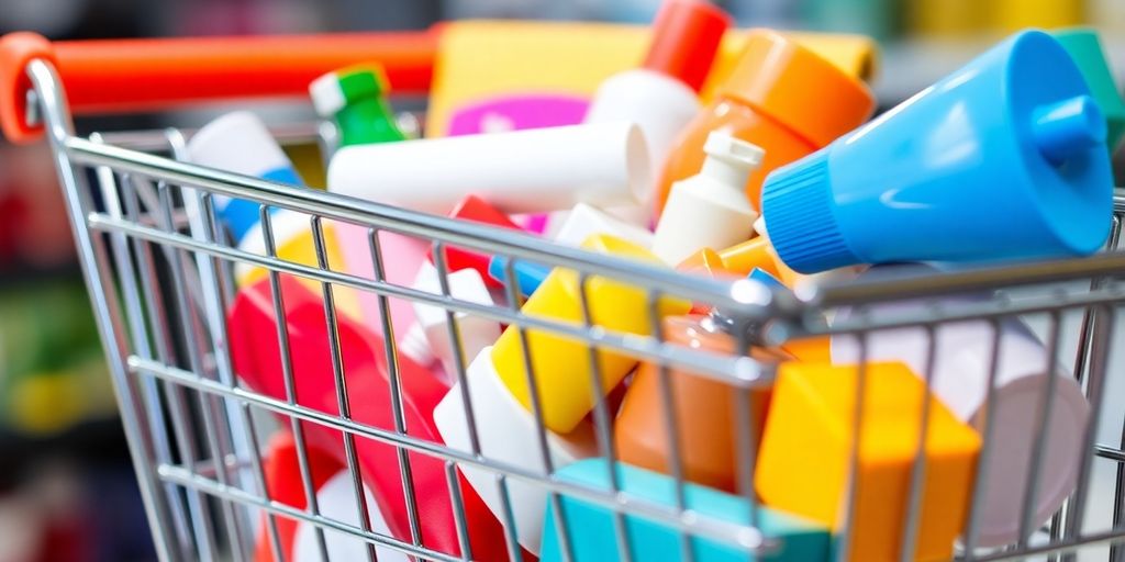 Shopping cart filled with diverse products.