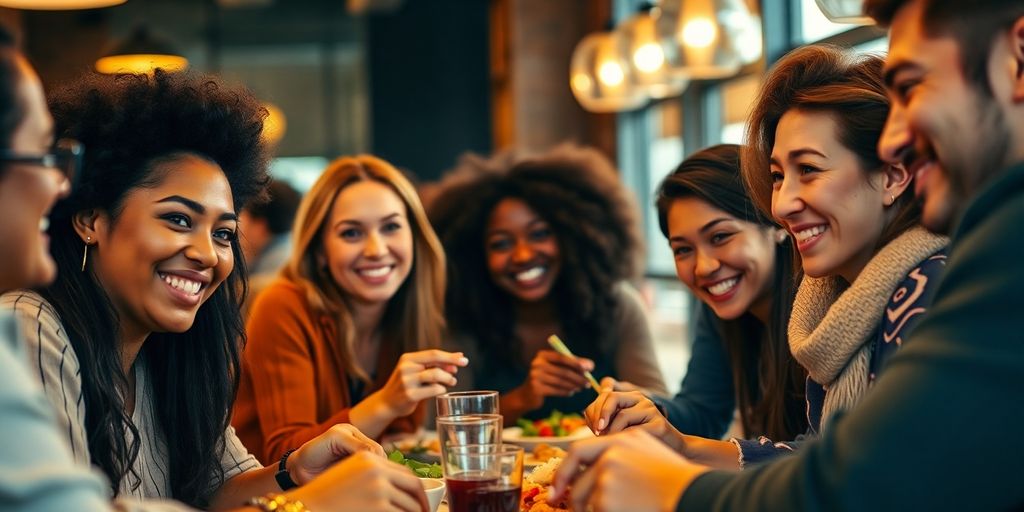 Diverse group of happy customers enjoying a meal together.