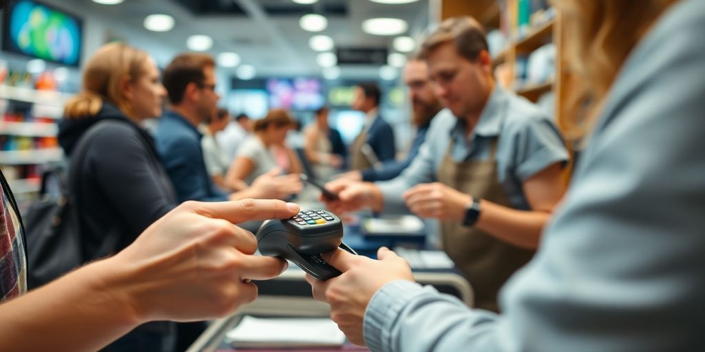 Merchant using card reader for instant payment processing.
