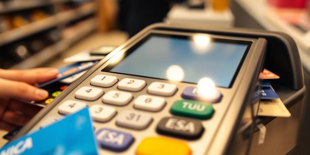 A retail payment terminal with various cards around it.