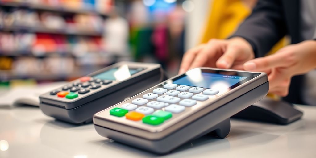 Modern retail payment devices in a blurred store setting.