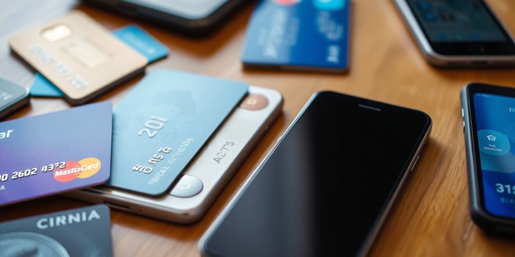 Credit cards and mobile payment devices on a wooden surface.