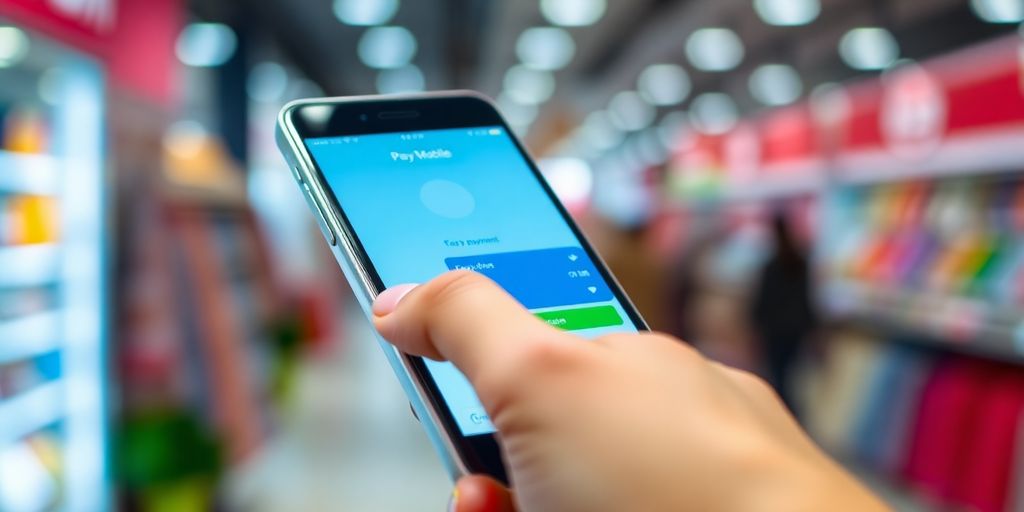 Smartphone with mobile payment app on blurred background.