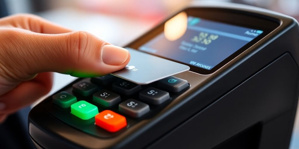 Hand using credit card on secure payment terminal.