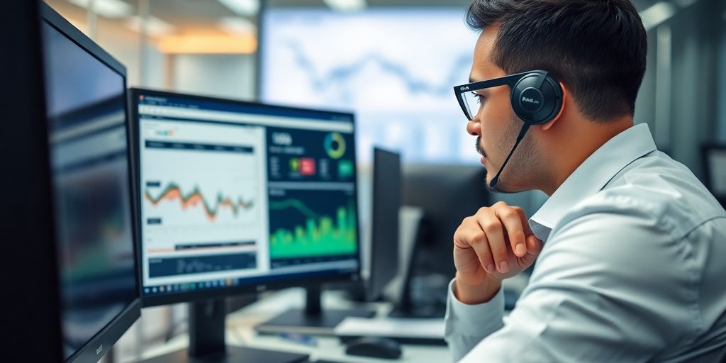 Person analyzing payment data in a modern office.