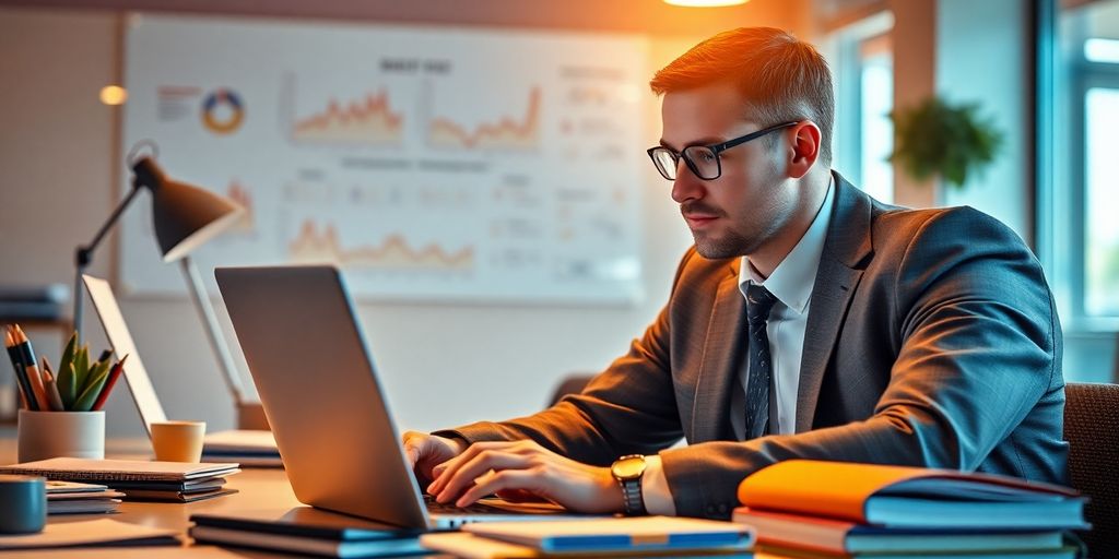 Business professional analyzing payment data on a laptop.