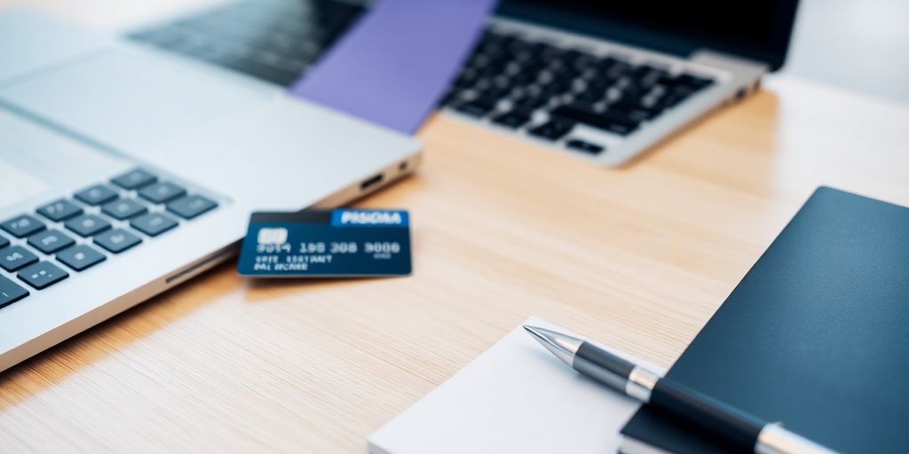 Business desk with laptop and virtual payment card.