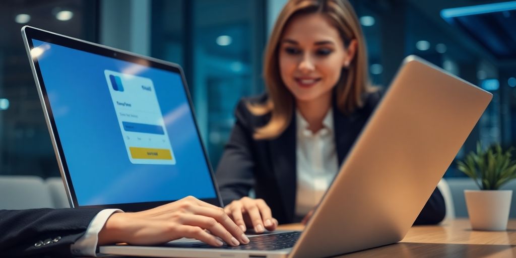 Businesswoman engaging with virtual card payment on laptop.
