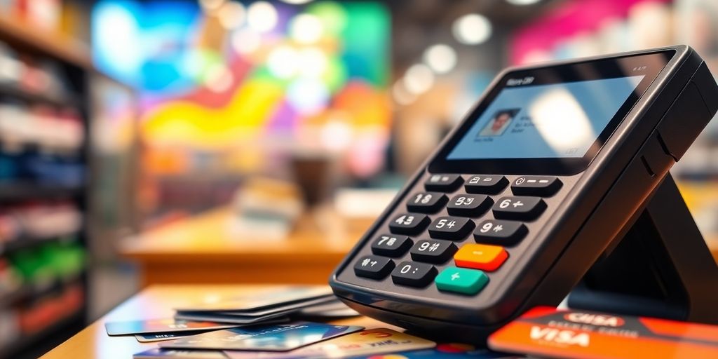 Modern payment terminal with cards in a retail setting.
