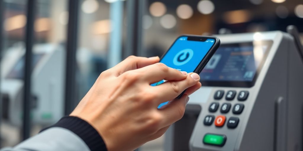 Hand using smartphone for payment at a terminal.