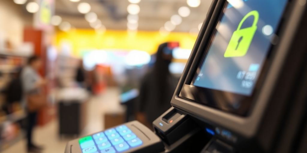 Payment terminal with secure interface in a retail setting.