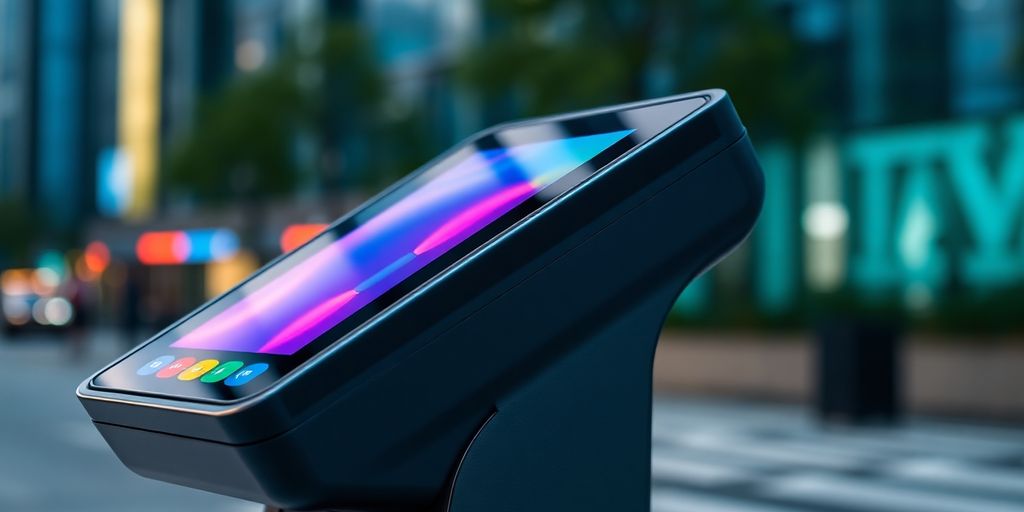 Modern digital payment terminal in urban setting.