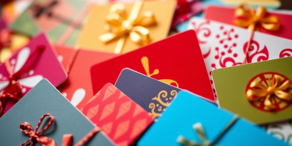 Colorful gift cards arranged beautifully on a table.