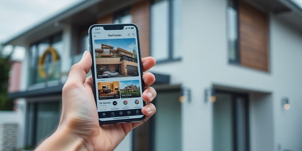 Smartphone displaying real estate app with house in background.